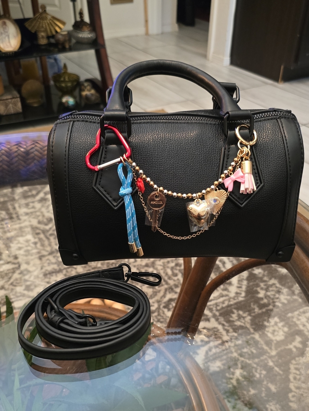 Aldo Black Satchel Crossbody Handbag with Decorative Charm